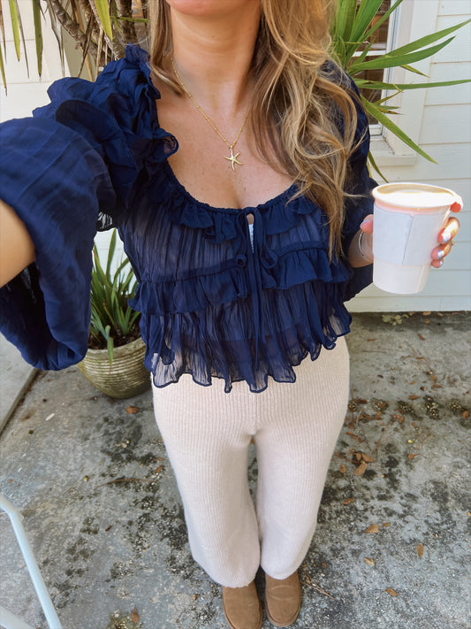 Navy Ruffle Flow Blouse