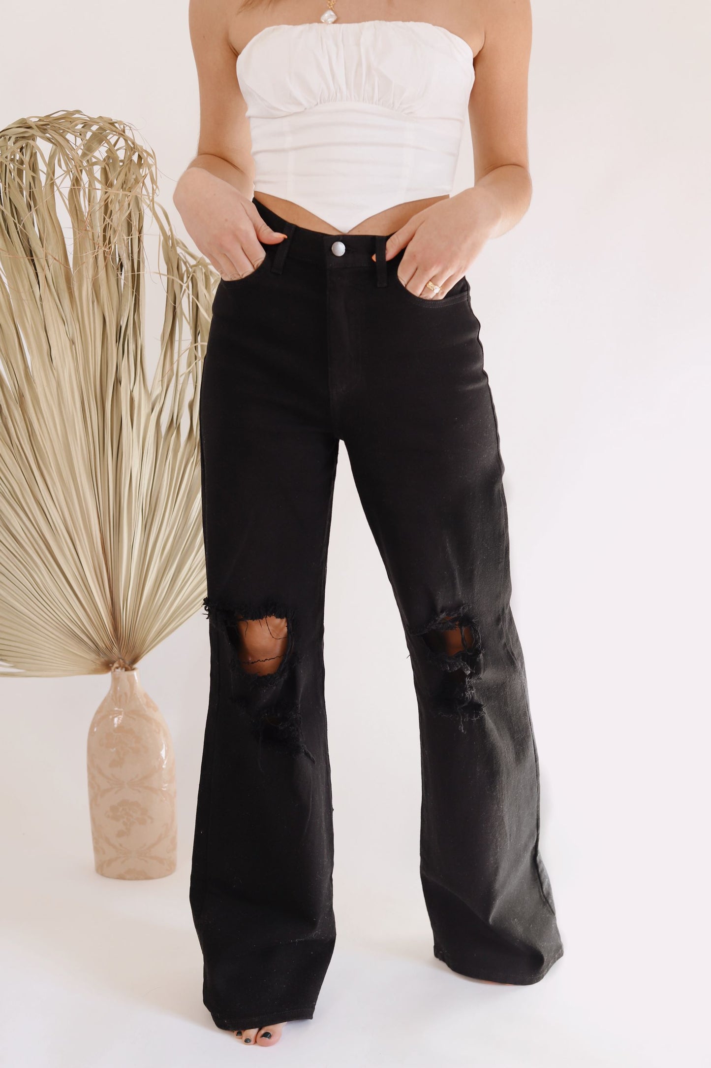 Black Distressed Wide Leg Jeans