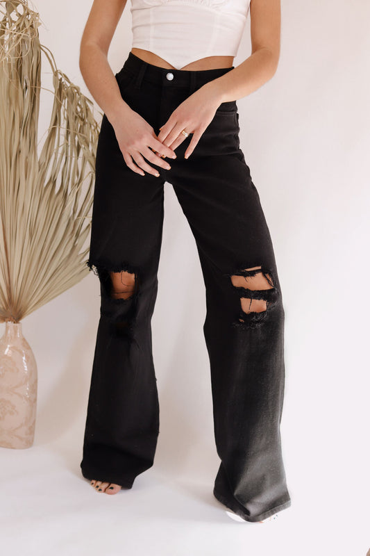 Black Distressed Wide Leg Jeans